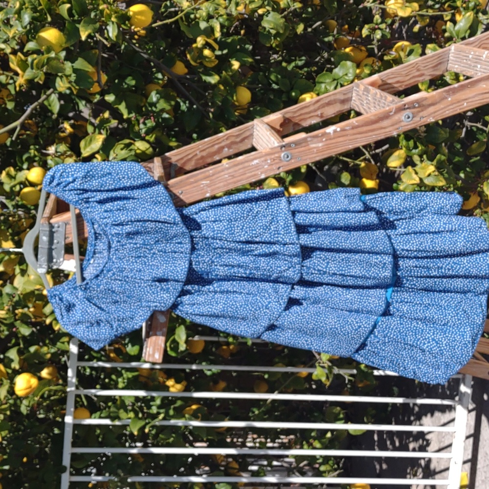 Blue Polka-Dot Tiered Peasant Dress L - Picture 1 of 8
